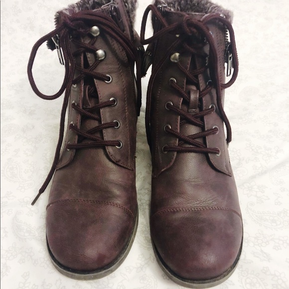 Maroon Fold Over Ankle Boots - Picture 2 of 5